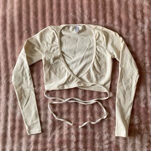 Los Angeles Apparel Cream Wrap Top Long Sleeve Tie Waist XS